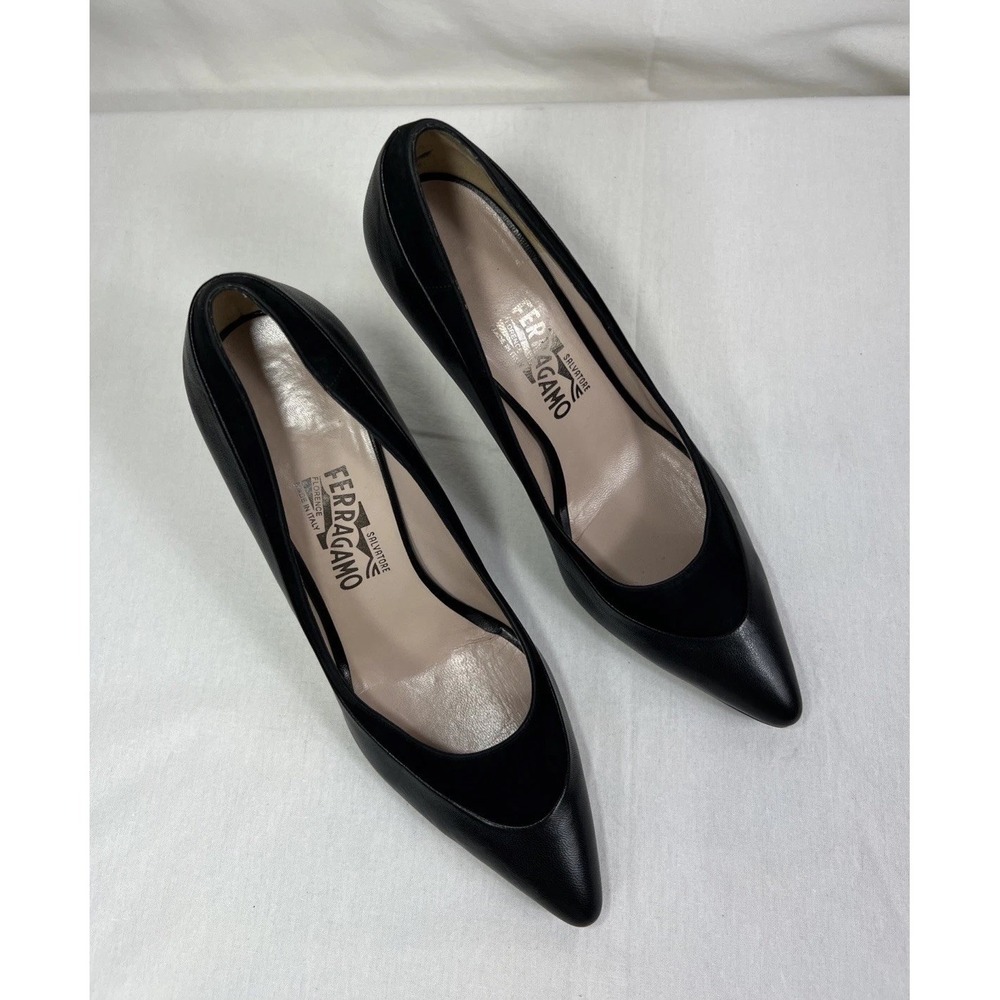 Salvatore Ferragamo Pumps Black Suede-Trimmed Leather Pointed Toe Heels- US 9.5 - Picture 2 of 9
